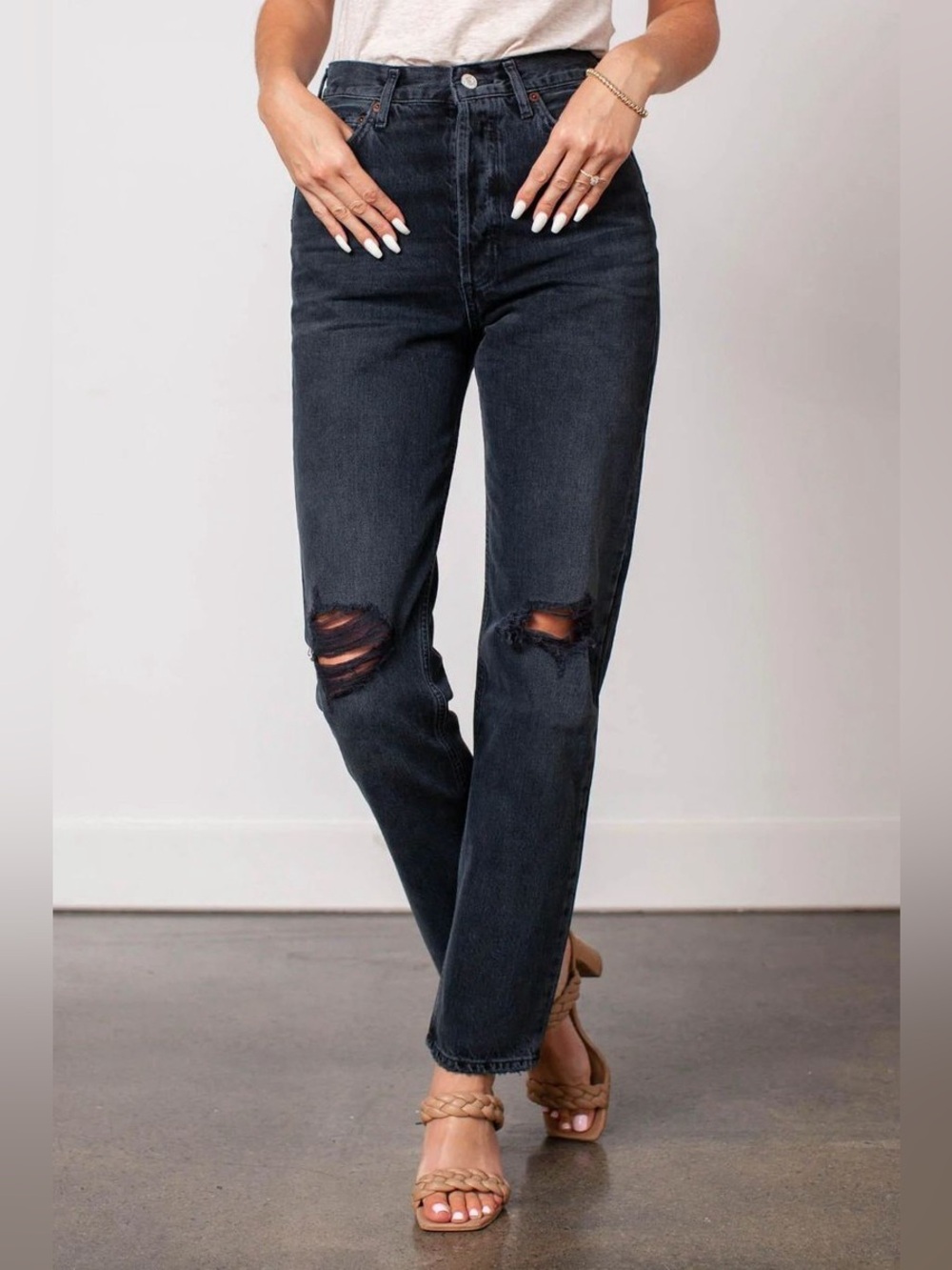 AGOLDE 90s Pinch Waist Jeans High Rise Straight Distressed A154B-1157  Black 25
